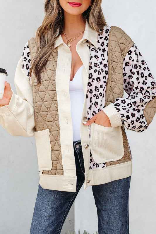 Leopard Waffle Quilted Patchwork Buttoned Jacket