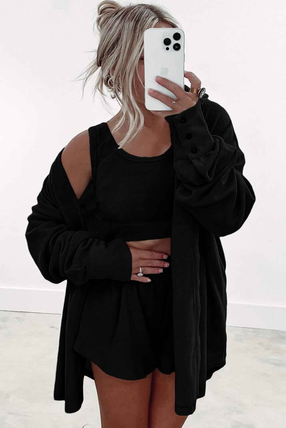 Gray 3 Pcs Crop Tank Top Shorts with Cardigan Lounge Set