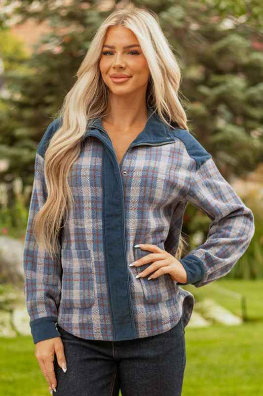 Plaid Corduroy Patchwork Zip-Up Snap-Button Jacket