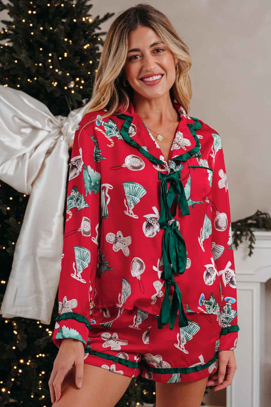 Red Christmas Fashion Print Contrast Ruffle Trim Ribbon Bow Knot 2pcs Pajama Set