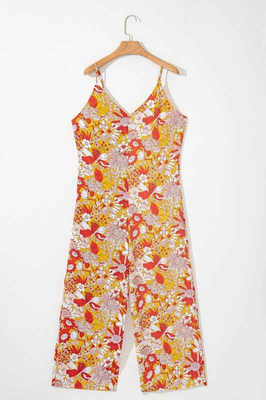 Floral V-Neck Wide Leg Sleeveless Jumpsuit
