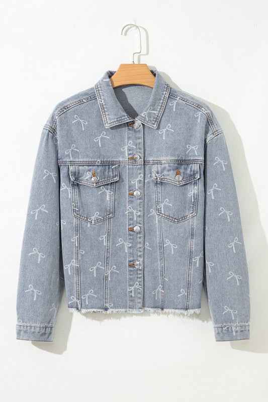 Denim Bow Light Wash Raw Hem Jacket