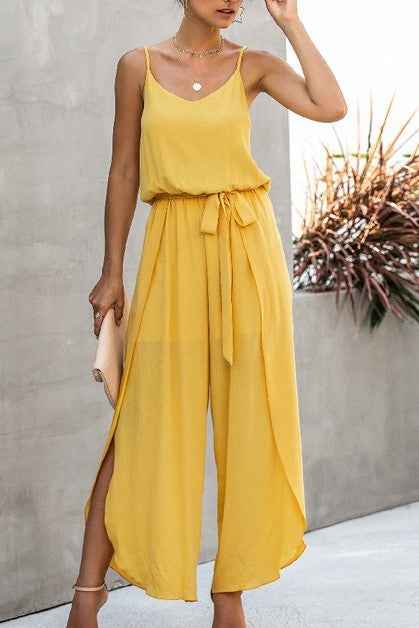 V Neck Suspenders Wide Leg Side Slit Jumpsuit