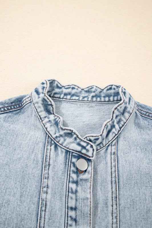 Denim Button-Front Scallop Trim Patch Pocket Vest
