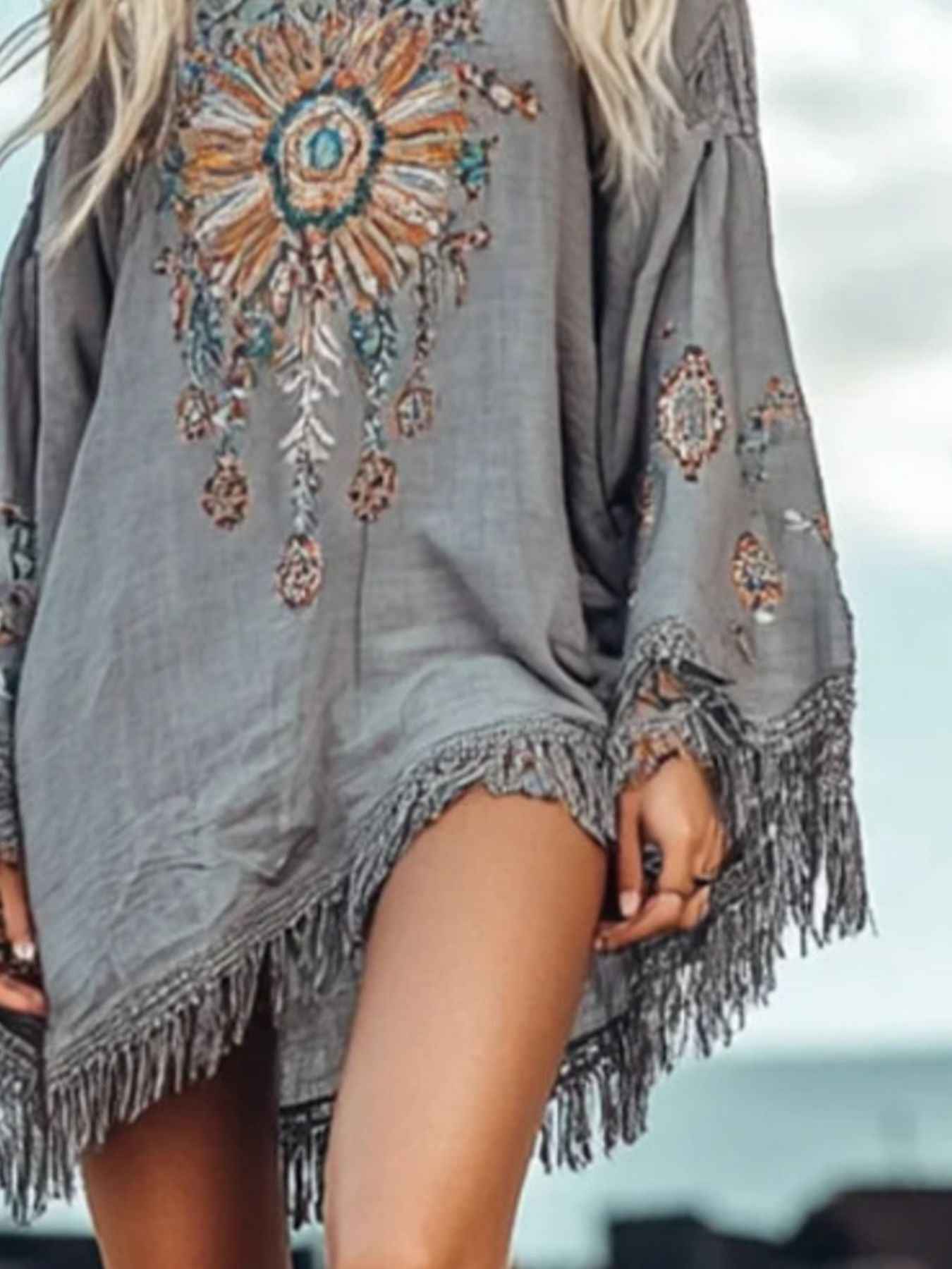 Fringe Hem Long Sleeve Mini Dress - Excel Merchandise