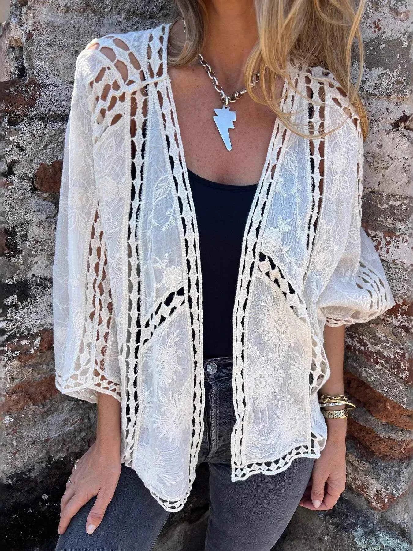 Full Size Embroidered Open Front Cardigan Plus Size - Excel Merchandise