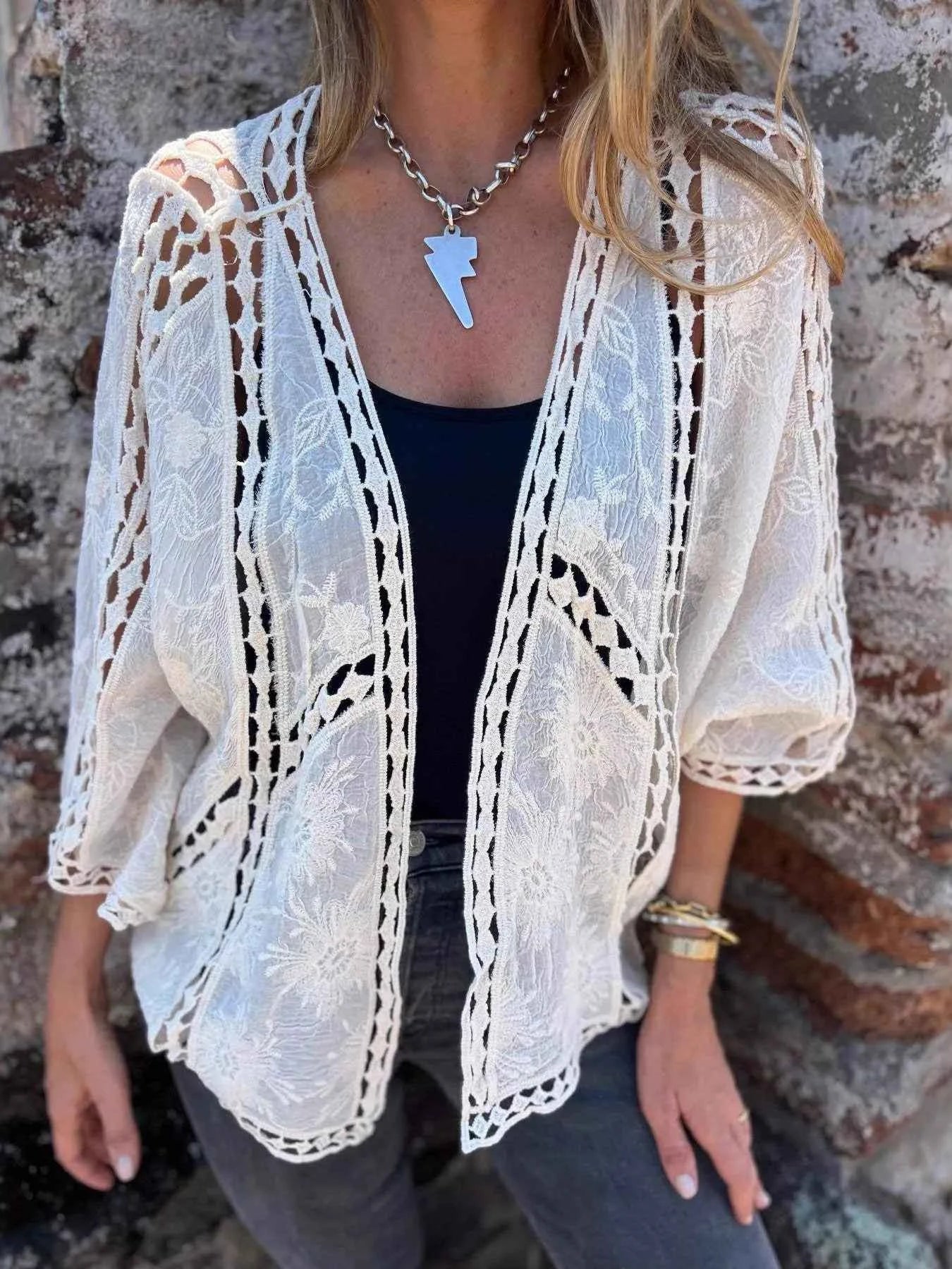 Full Size Embroidered Open Front Cardigan Plus Size - Excel Merchandise