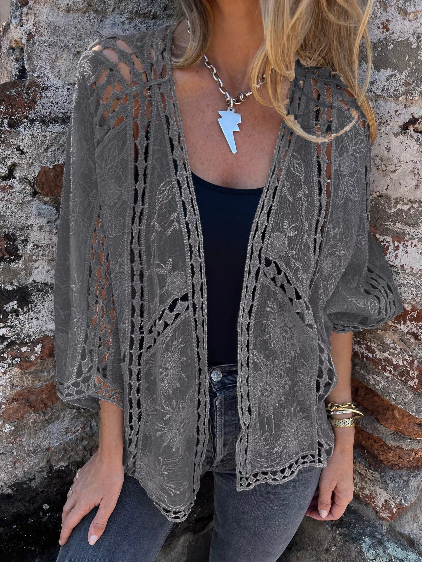 Full Size Embroidered Open Front Cardigan Plus Size - Excel Merchandise