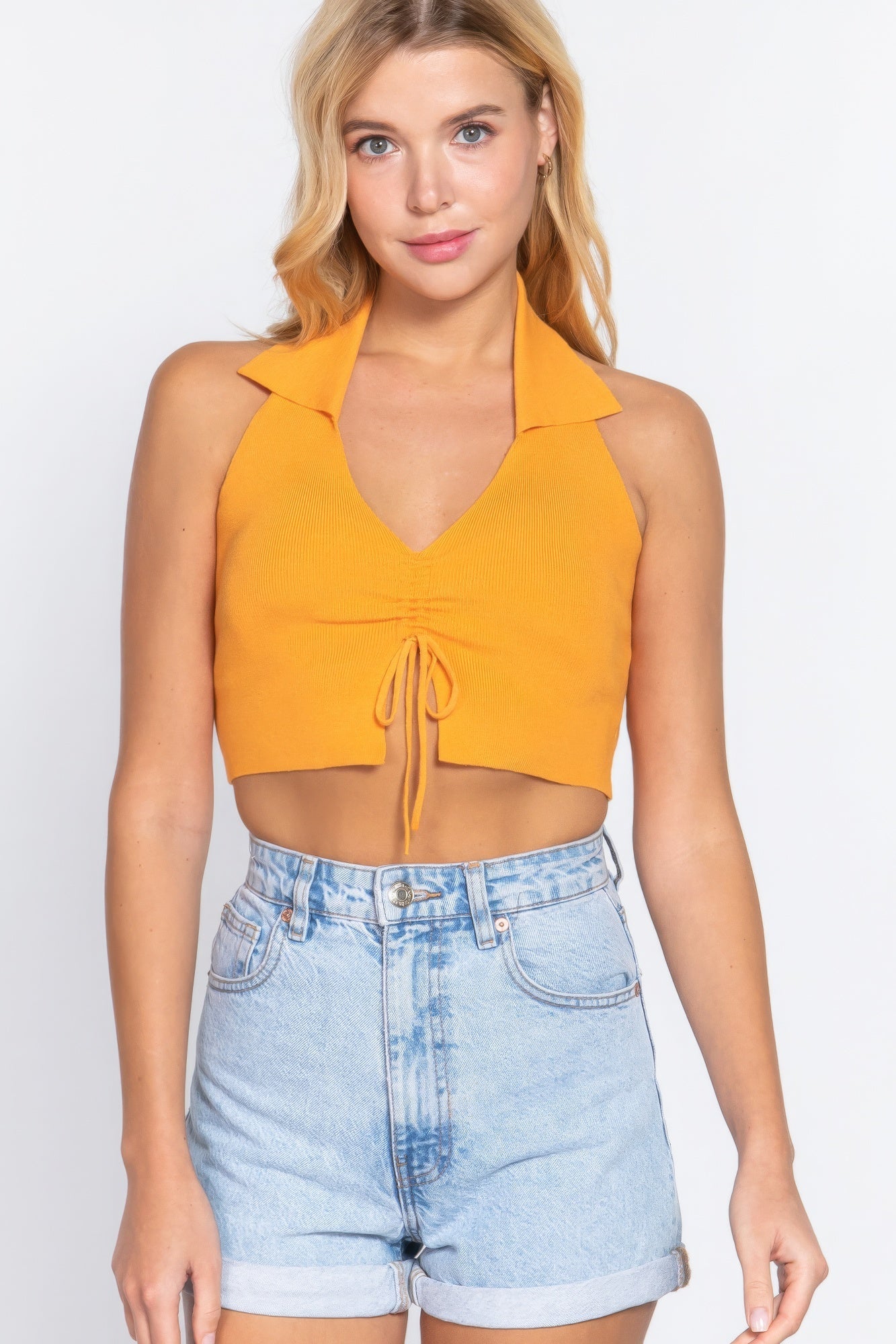 Halter Ruched Crop Sweater Knit Top - Excel Merchandise