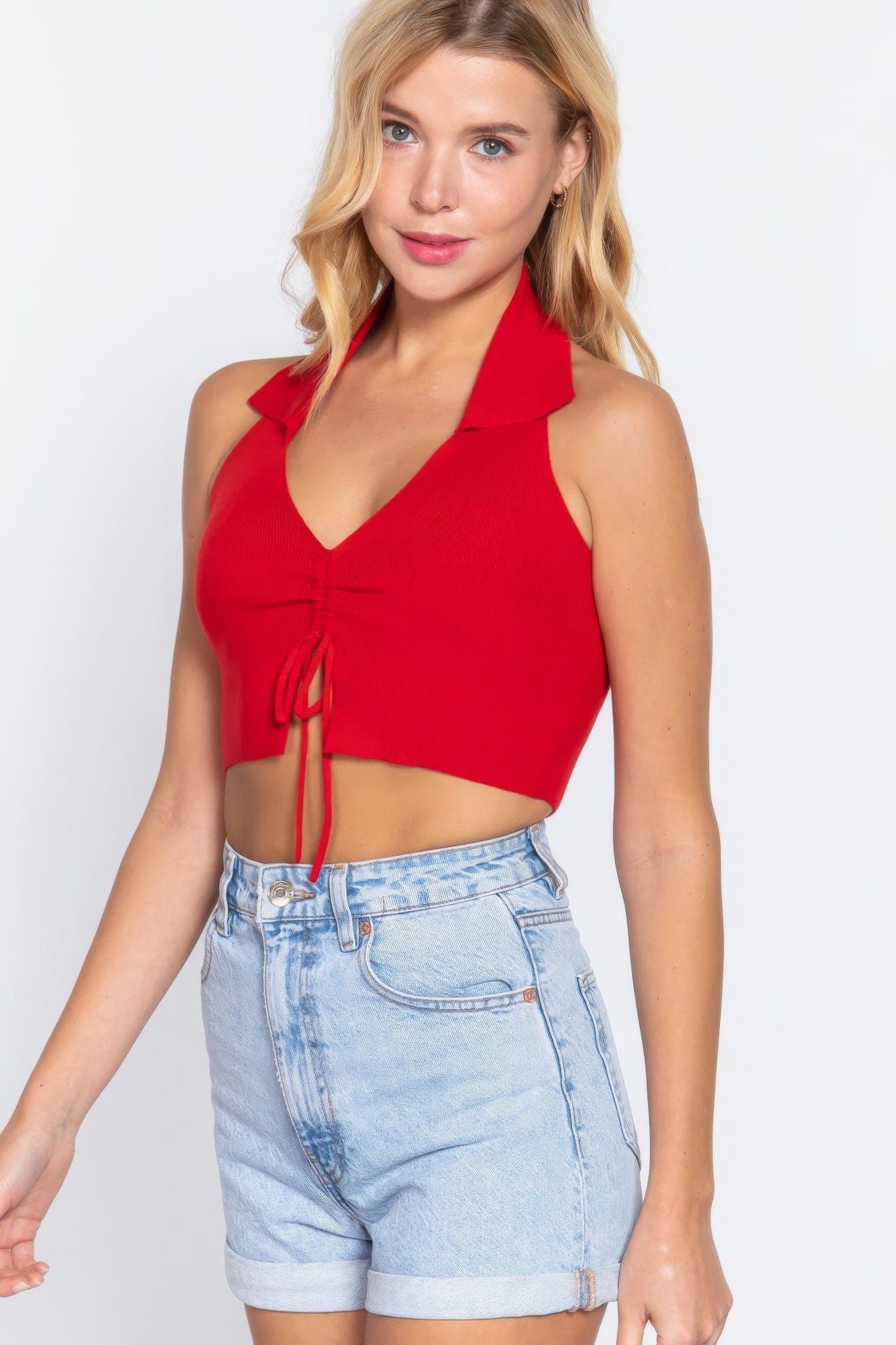 Halter Ruched Crop Sweater Knit Top - Excel Merchandise