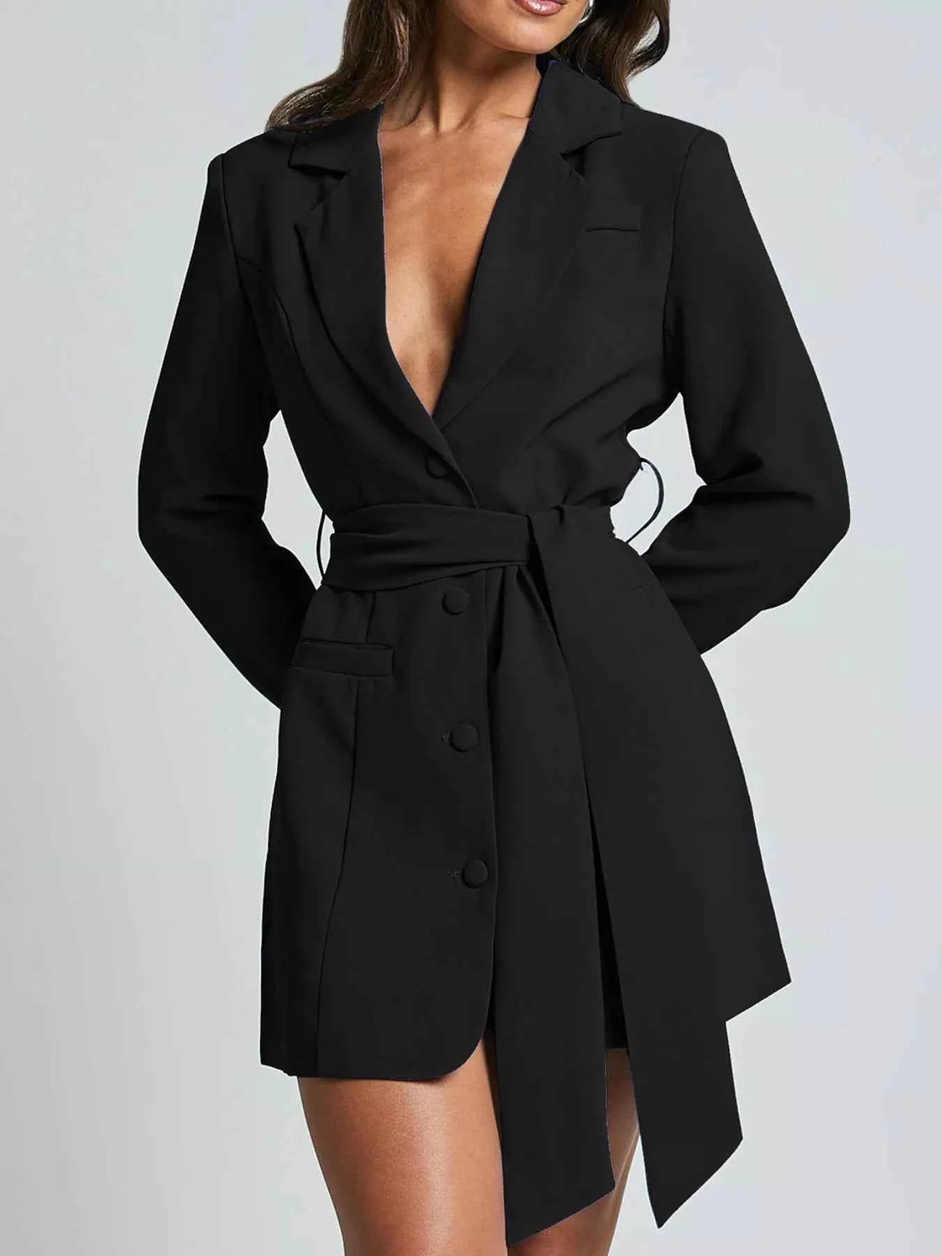 Lapel Collar Tie Waist Blazer - Excel Merchandise
