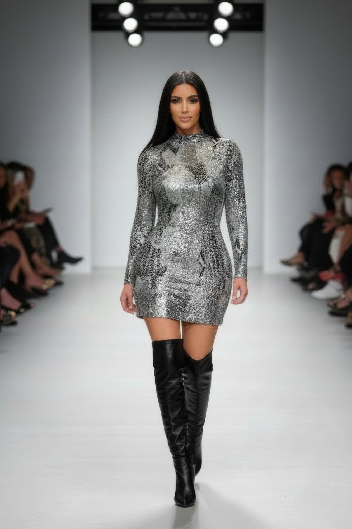 Long Sleeve Body Con Pu Silver Snake Mini - Excel Merchandise