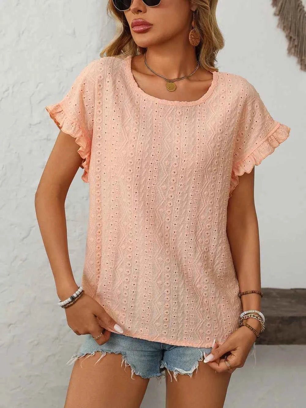 Mandy Eyelet Round Neck Short Sleeve Top - Excel Merchandise