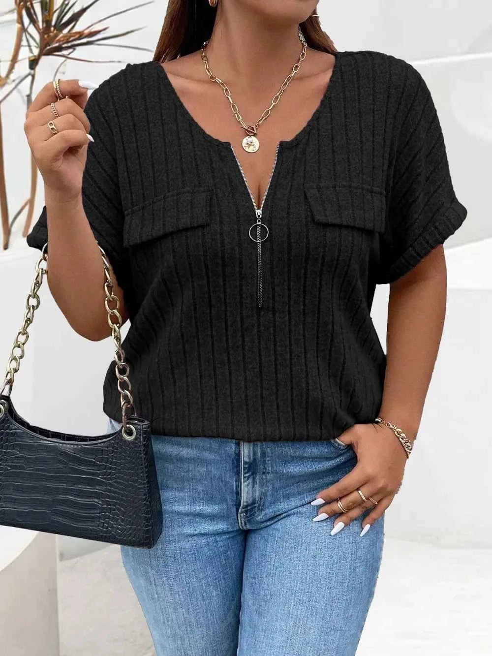 Plus Size Half Zip Short Sleeve T-Shirt - Excel Merchandise