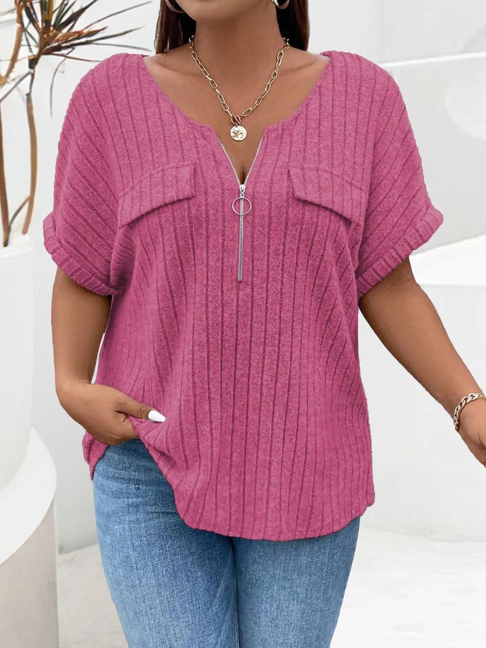 Plus Size Half Zip Short Sleeve T-Shirt - Excel Merchandise