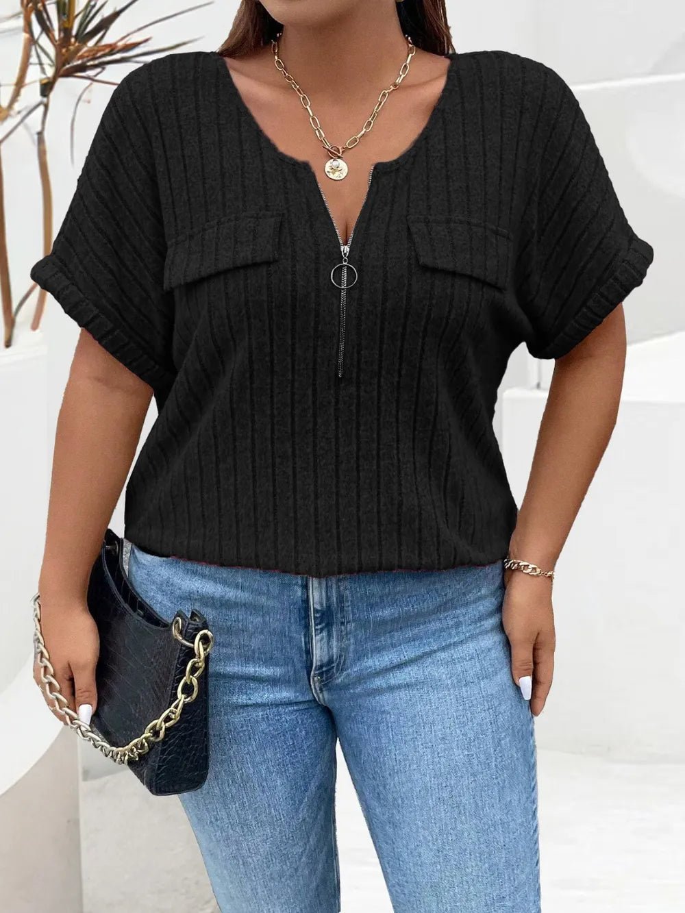Plus Size Half Zip Short Sleeve T-Shirt - Excel Merchandise