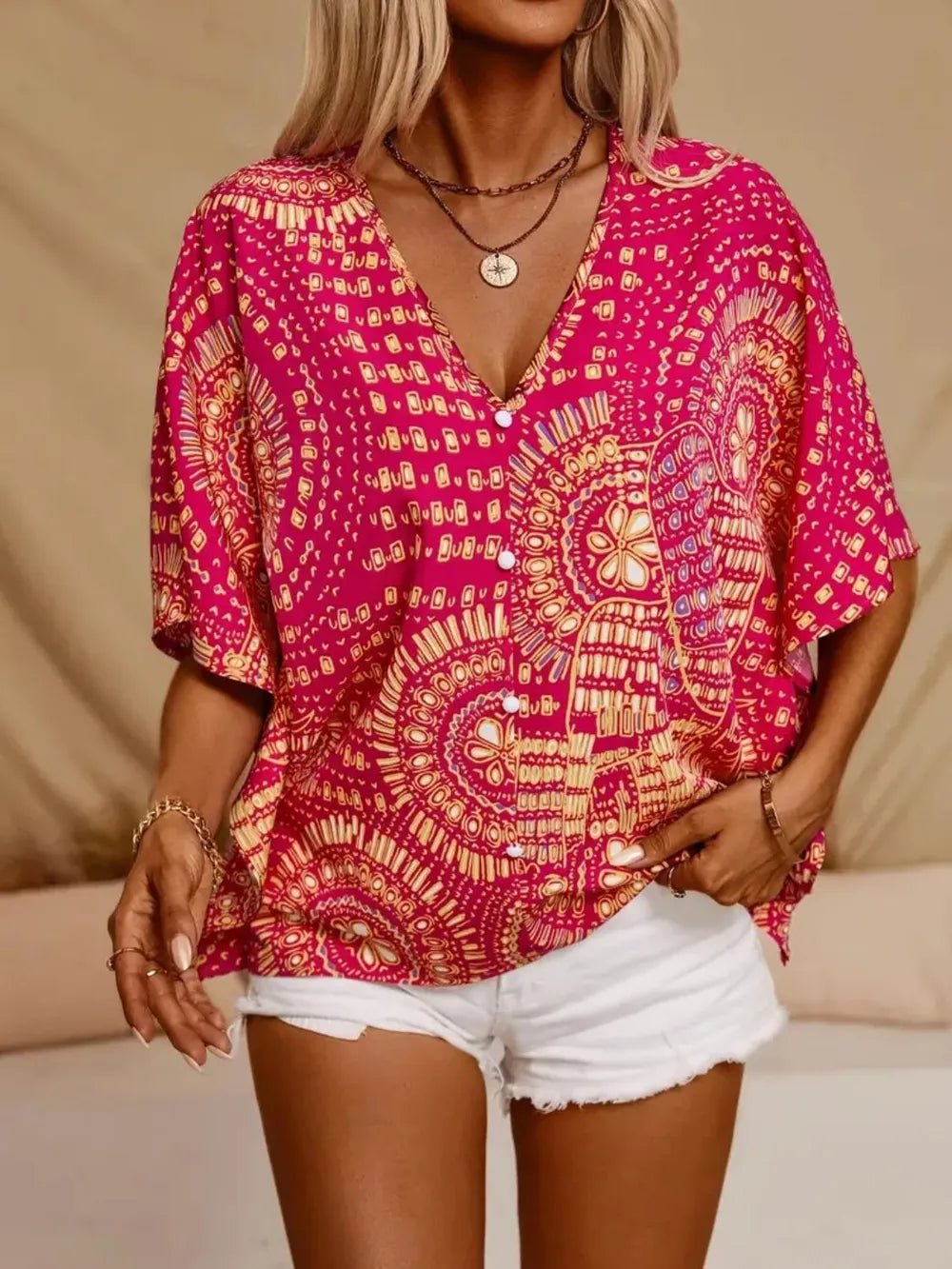 Printed V-Neck Half Sleeve Top - Excel Merchandise