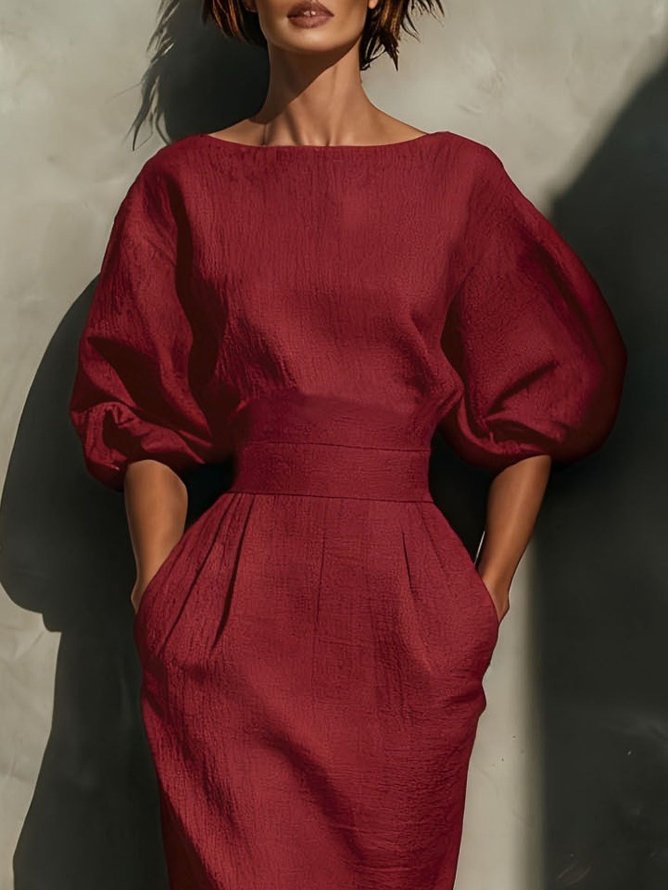 Round Neck Puff Sleeves Midi Dress - Excel Merchandise