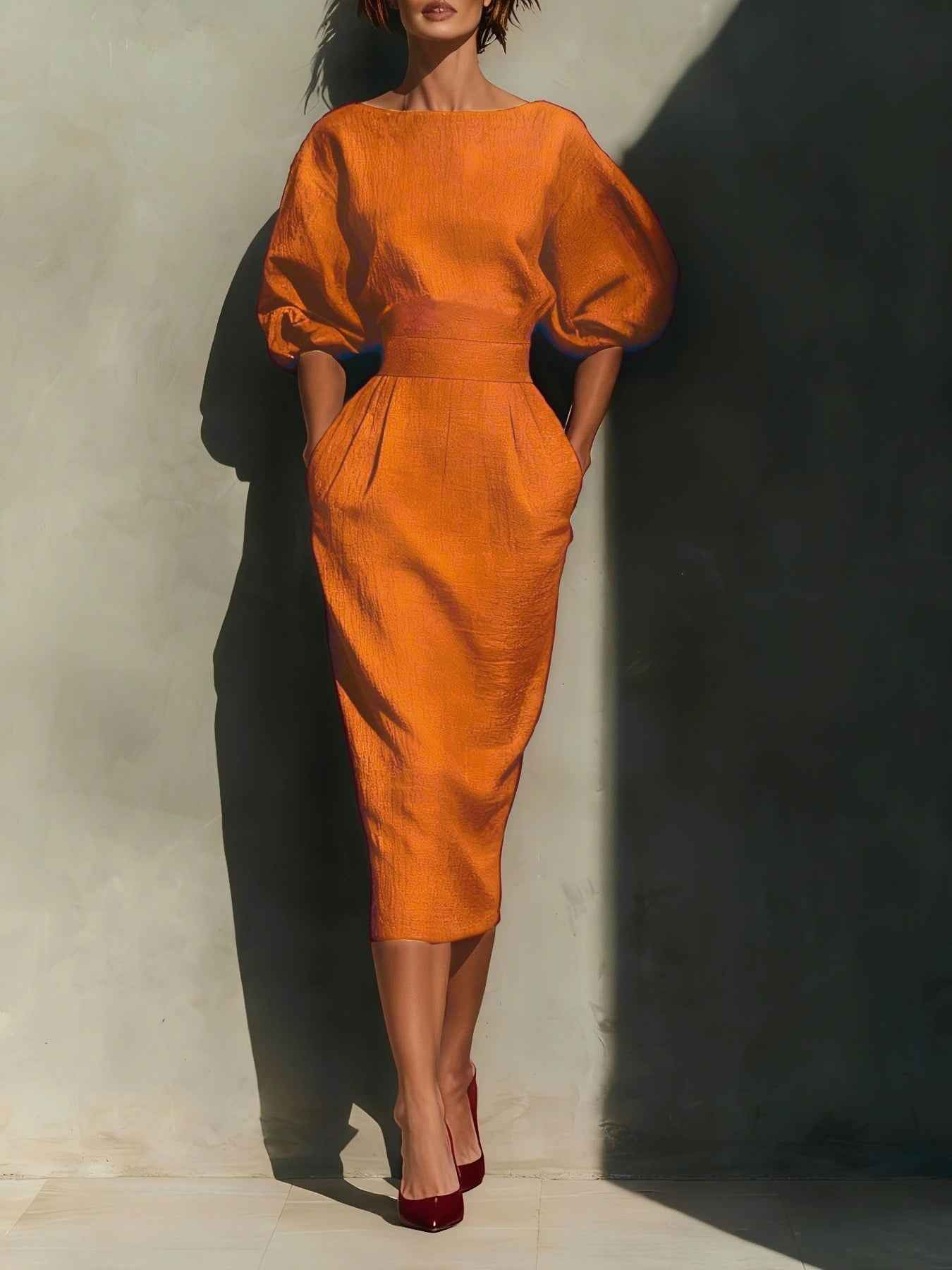Round Neck Puff Sleeves Midi Dress - Excel Merchandise