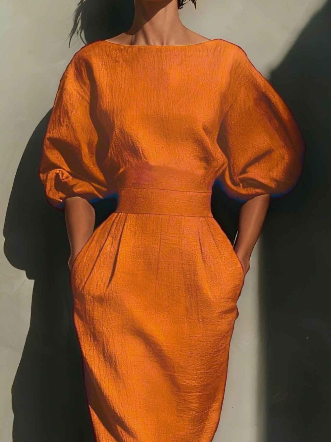 Round Neck Puff Sleeves Midi Dress - Excel Merchandise