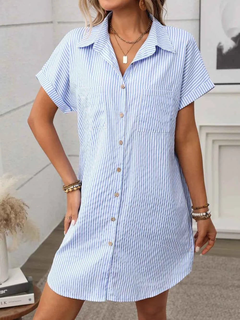 Striped Button Down Short Sleeve Mini Dress - Excel Merchandise
