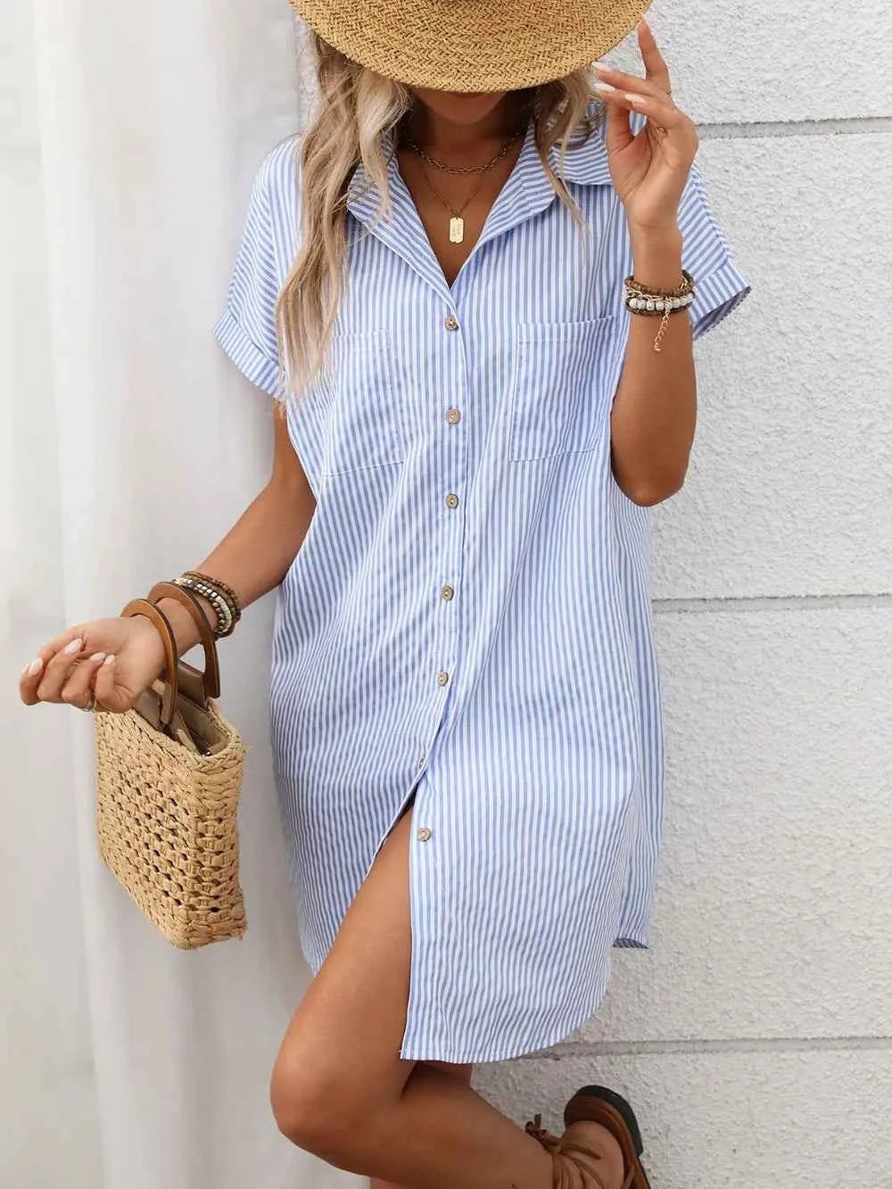 Striped Button Down Short Sleeve Mini Dress - Excel Merchandise