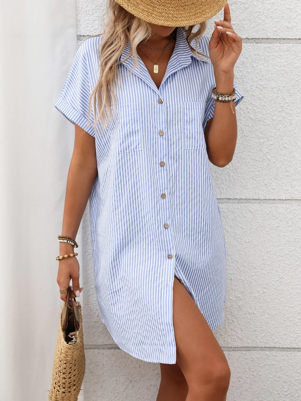 Striped Button Down Short Sleeve Mini Dress - Excel Merchandise