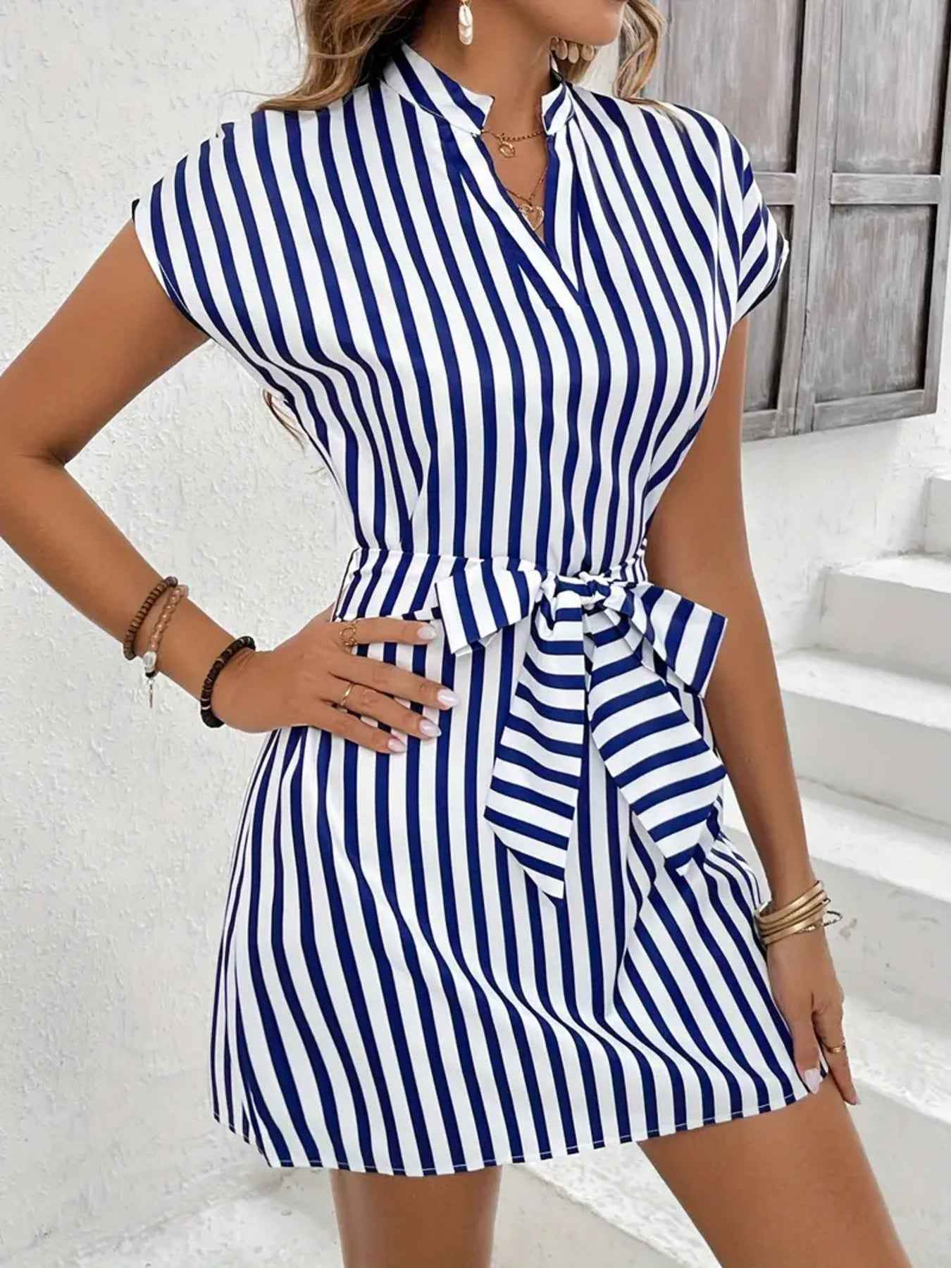 Striped Tie Waist Mini Dress - Excel Merchandise