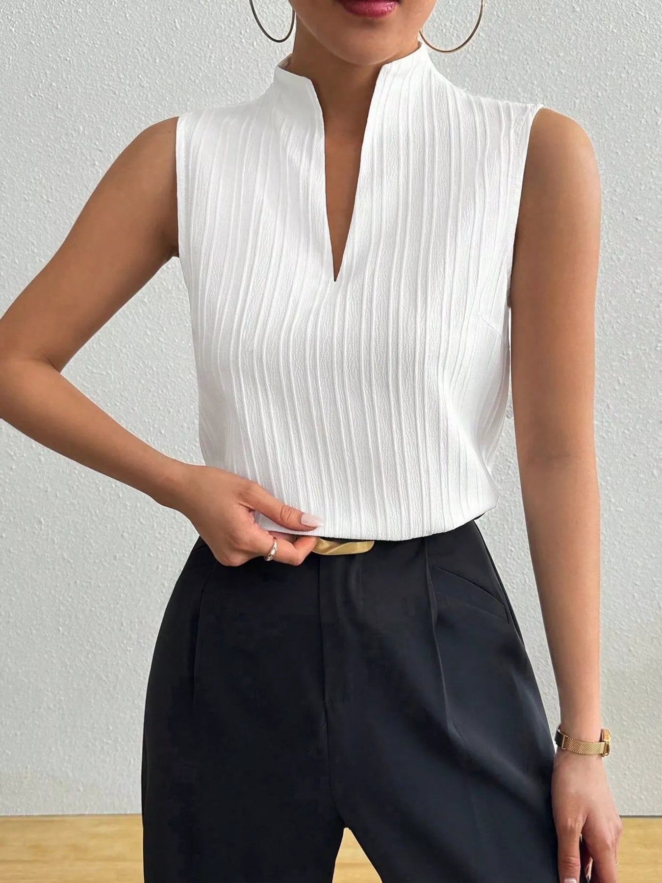 Texture Notched Sleeveless Top - Excel Merchandise