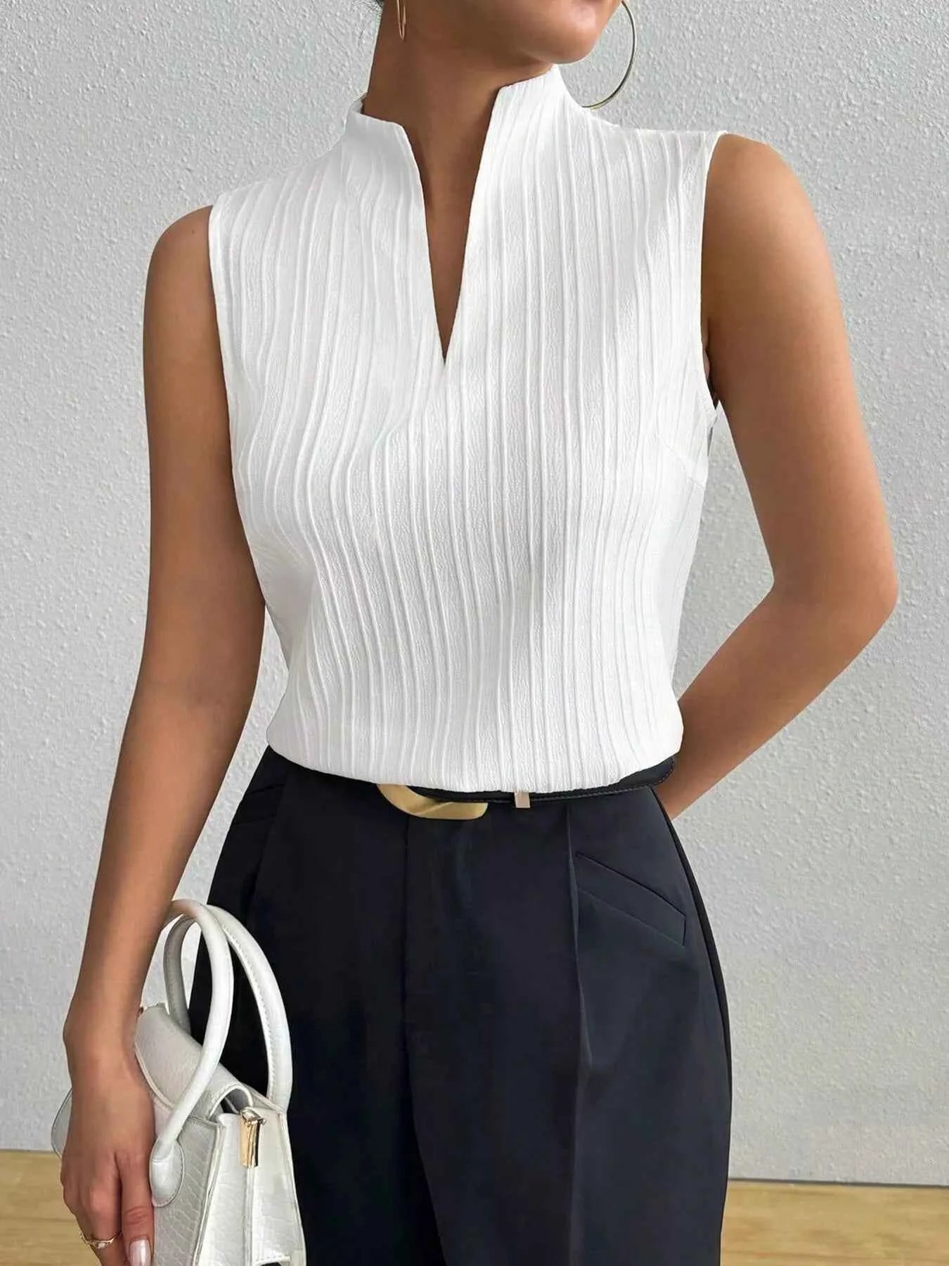 Texture Notched Sleeveless Top - Excel Merchandise