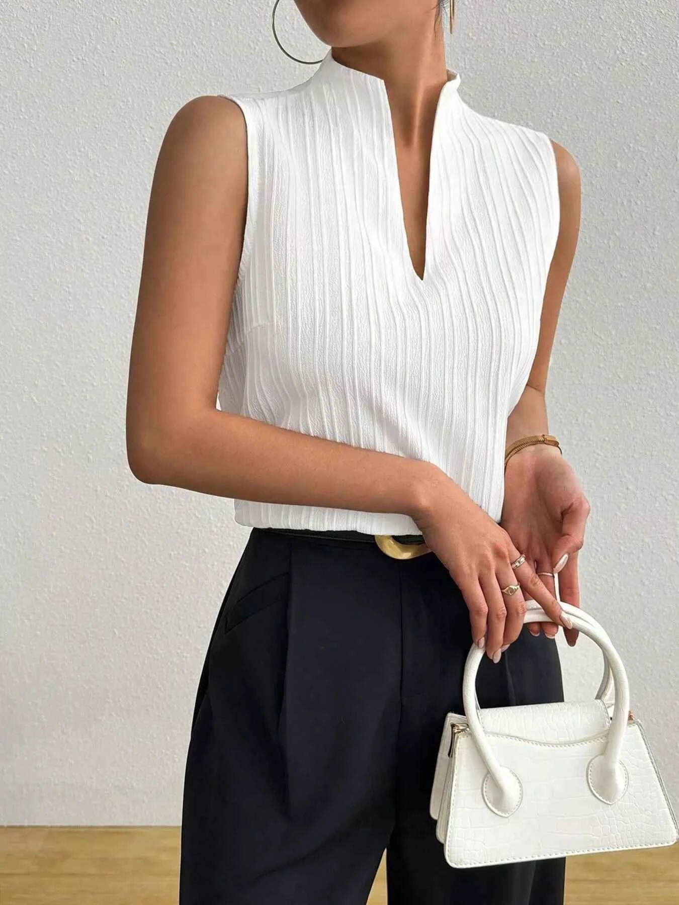 Texture Notched Sleeveless Top - Excel Merchandise