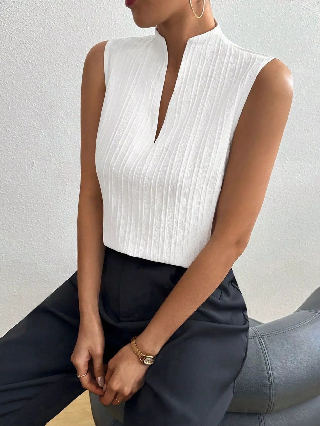 Texture Notched Sleeveless Top - Excel Merchandise