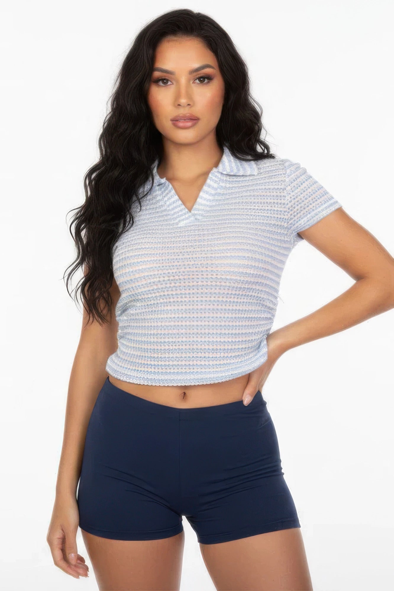 Women's Pineapple Knit Striped Polo Crop Top - Excel Merchandise